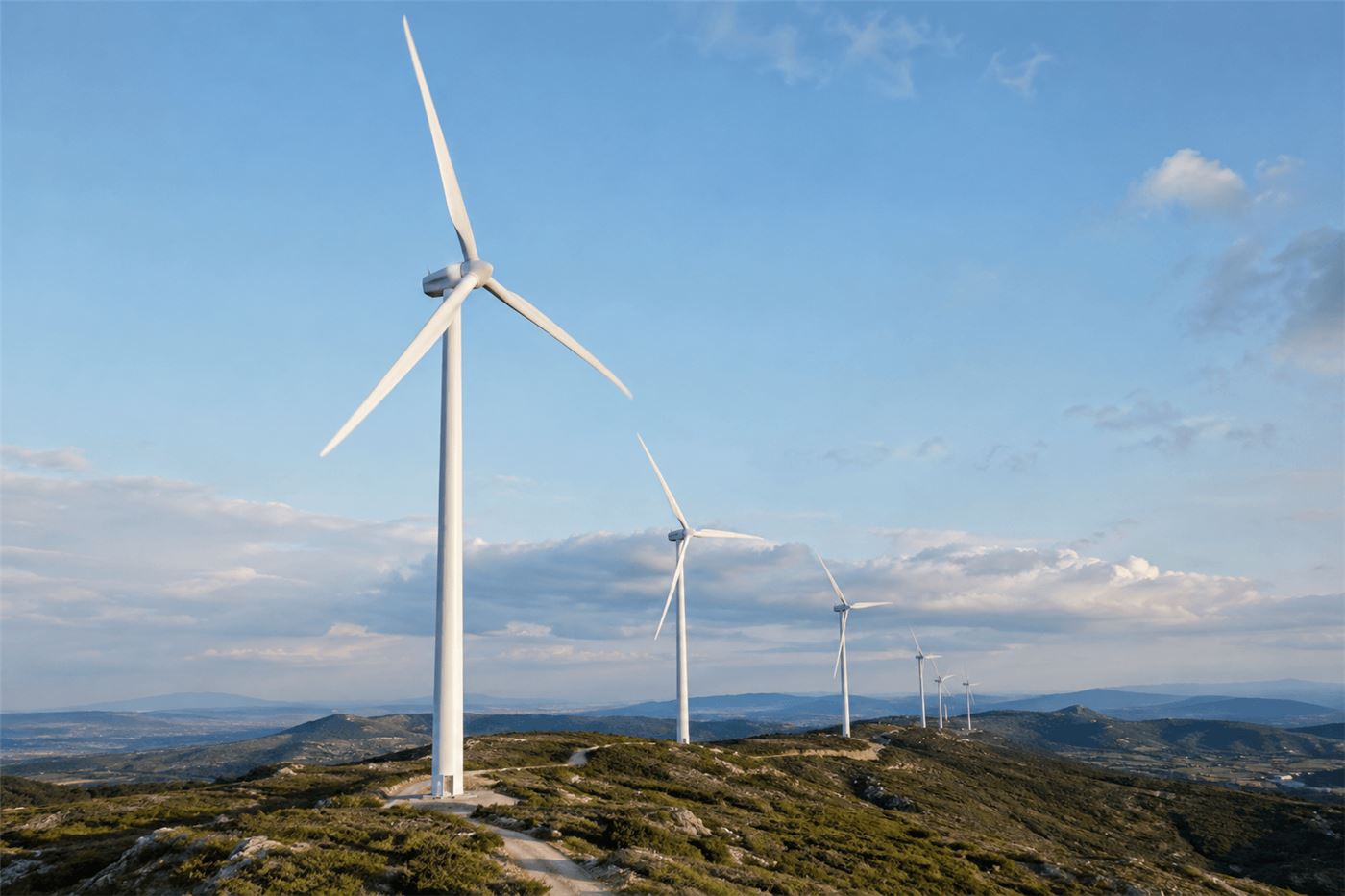 Fila de aerogeneradores sobre una cresta de montaña bajo un cielo azul